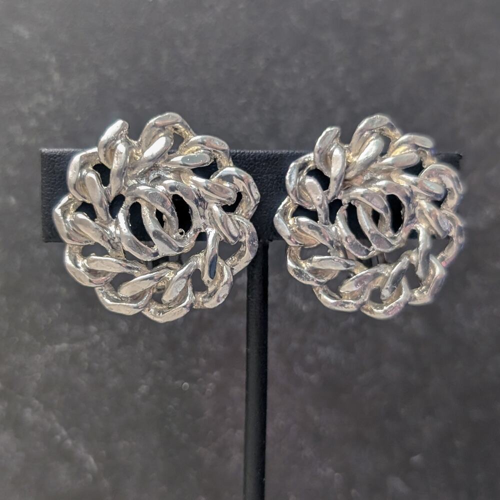 Vintage Clip On Earrings - Large Chain Circle Silver Tone 1.25" Statement
